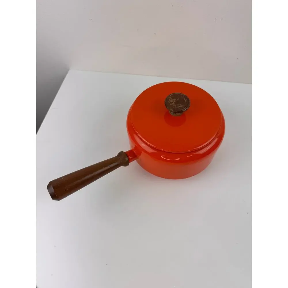 Vintage Bright Enamel Orange Fondue Pot Aluminum Wooden Single Handle with Lid